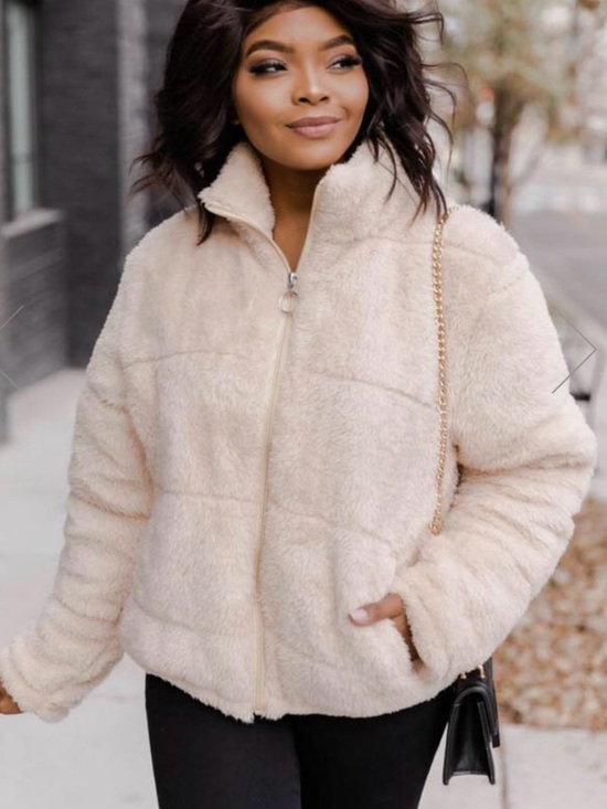 Pink Lily Jackets & Blazers - Pink Lily History of Us Tan Cream Puffer Sherpa Zip Up Jacket with Pockets